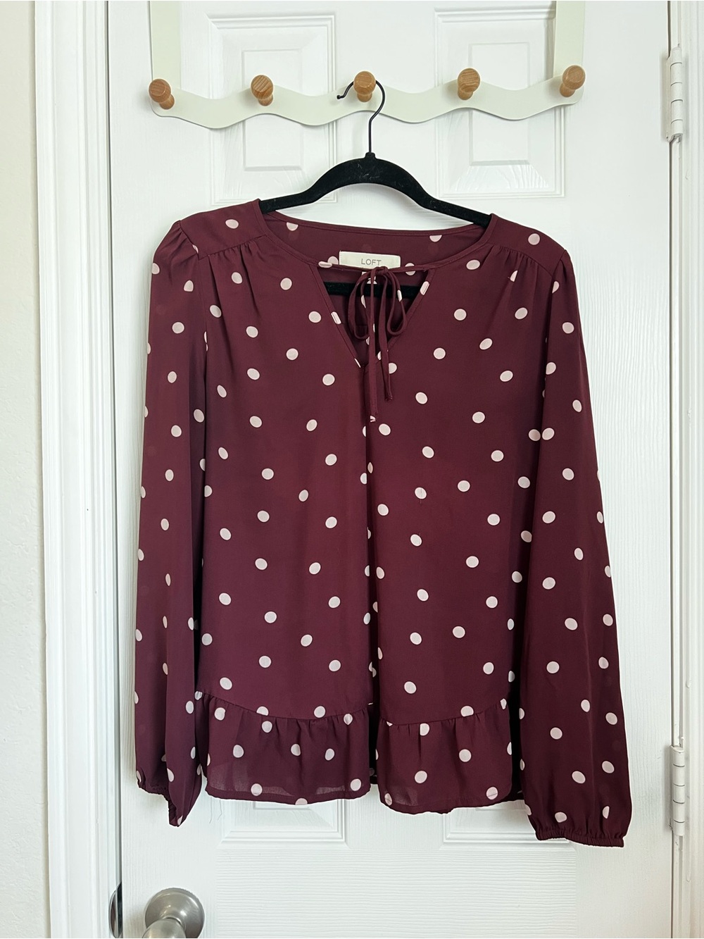 LOFT Burgundy Polka Dot Tie-Neck Peplum Blouse